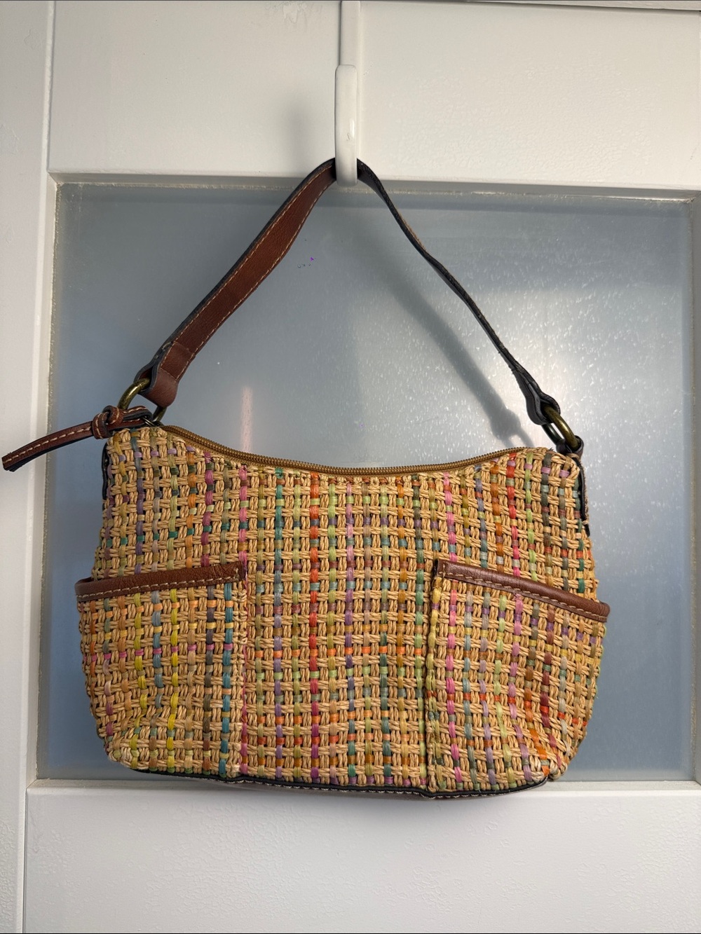 Fossil Woven Raffia Shoulder Bag Multicolor Straw Leather Trim Boho Purse